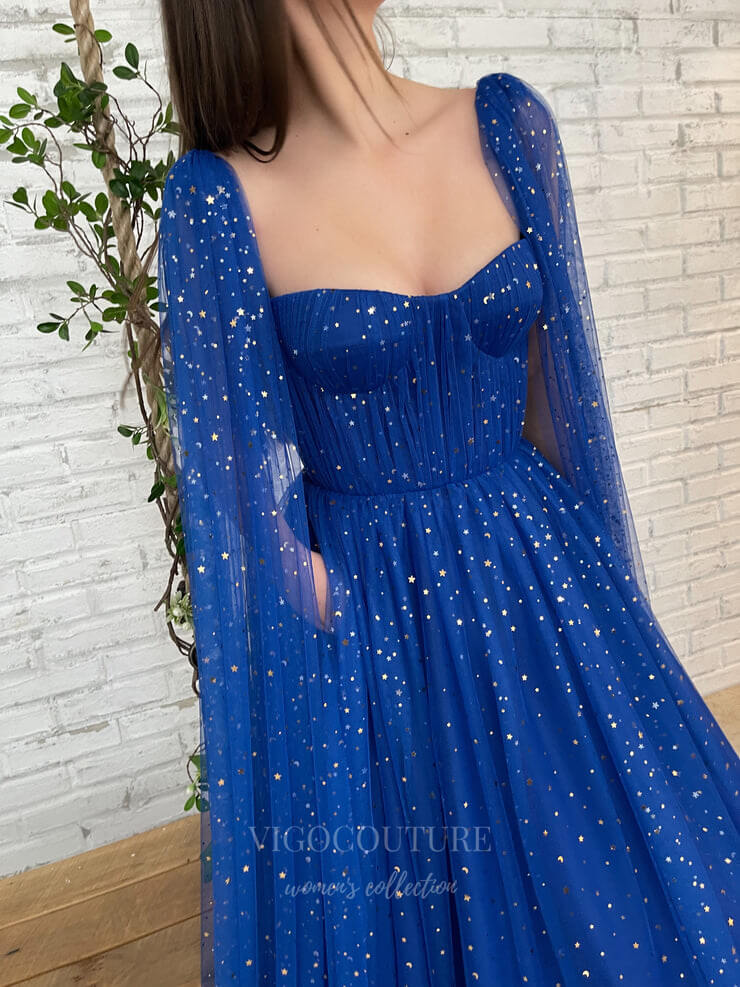 vigocouture-Blue Sparkly Cape Sleeve Prom Dress 20979-Prom Dresses-vigocouture-