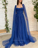 vigocouture-Blue Sparkly Cape Sleeve Prom Dress 20979-Prom Dresses-vigocouture-Blue-US2-