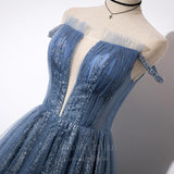 vigocouture-Blue Sparkly Plunging V-Neck Prom Dress 20637-Prom Dresses-vigocouture-