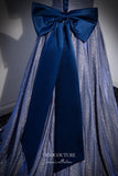 vigocouture-Blue Sparkly Satin Formal Dress Puffed Sleeve Bow-Tie Prom Dresses 21677-Prom Dresses-vigocouture-
