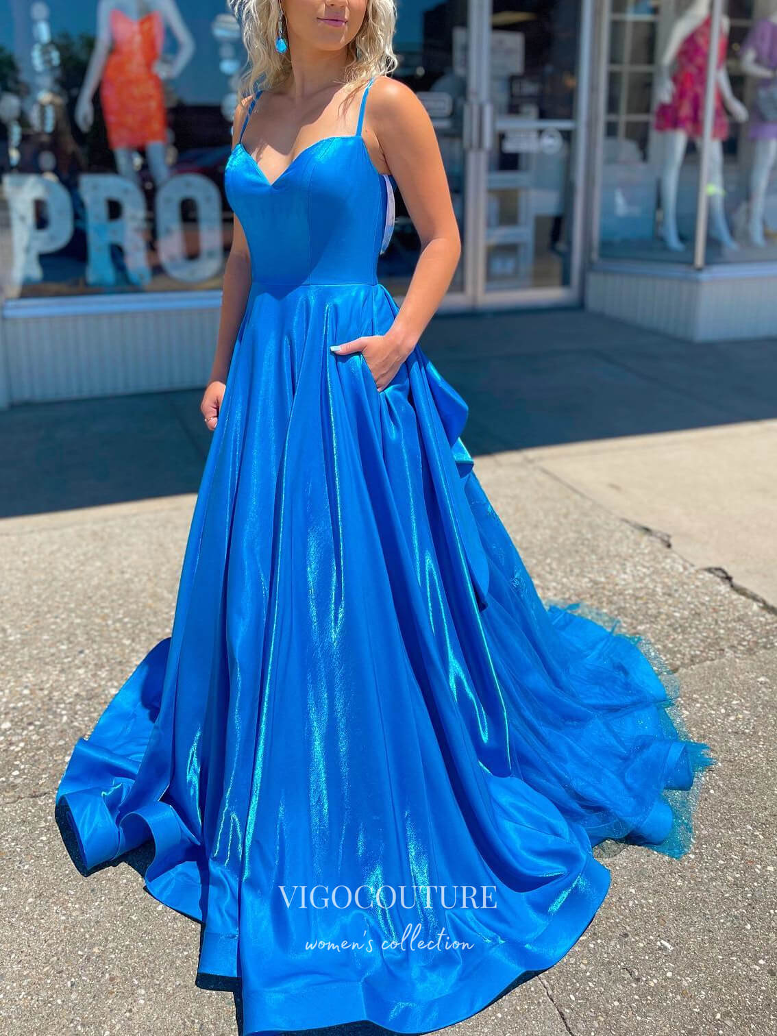 vigocouture-Blue Sparkly Satin Prom Dresses With Pockets Spaghetti Strap Evening Dress 21575-Prom Dresses-vigocouture-Blue-US2-