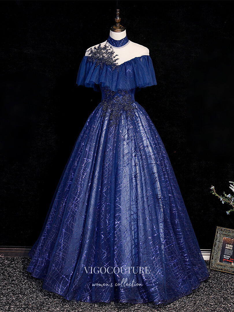 vigocouture-Blue Sparkly Tulle Quinceanera Dresses Lace Applique Princess Dresses 21416-Prom Dresses-vigocouture-