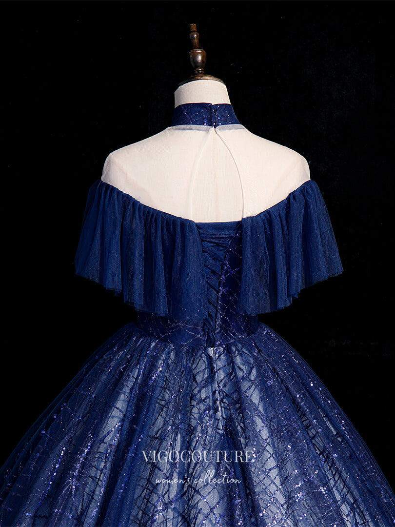 vigocouture-Blue Sparkly Tulle Quinceanera Dresses Lace Applique Princess Dresses 21416-Prom Dresses-vigocouture-