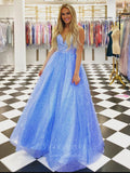 vigocouture-Blue Sparkly Tulle Spaghetti Strap Prom Dress 20995-Prom Dresses-vigocouture-Blue-US2-