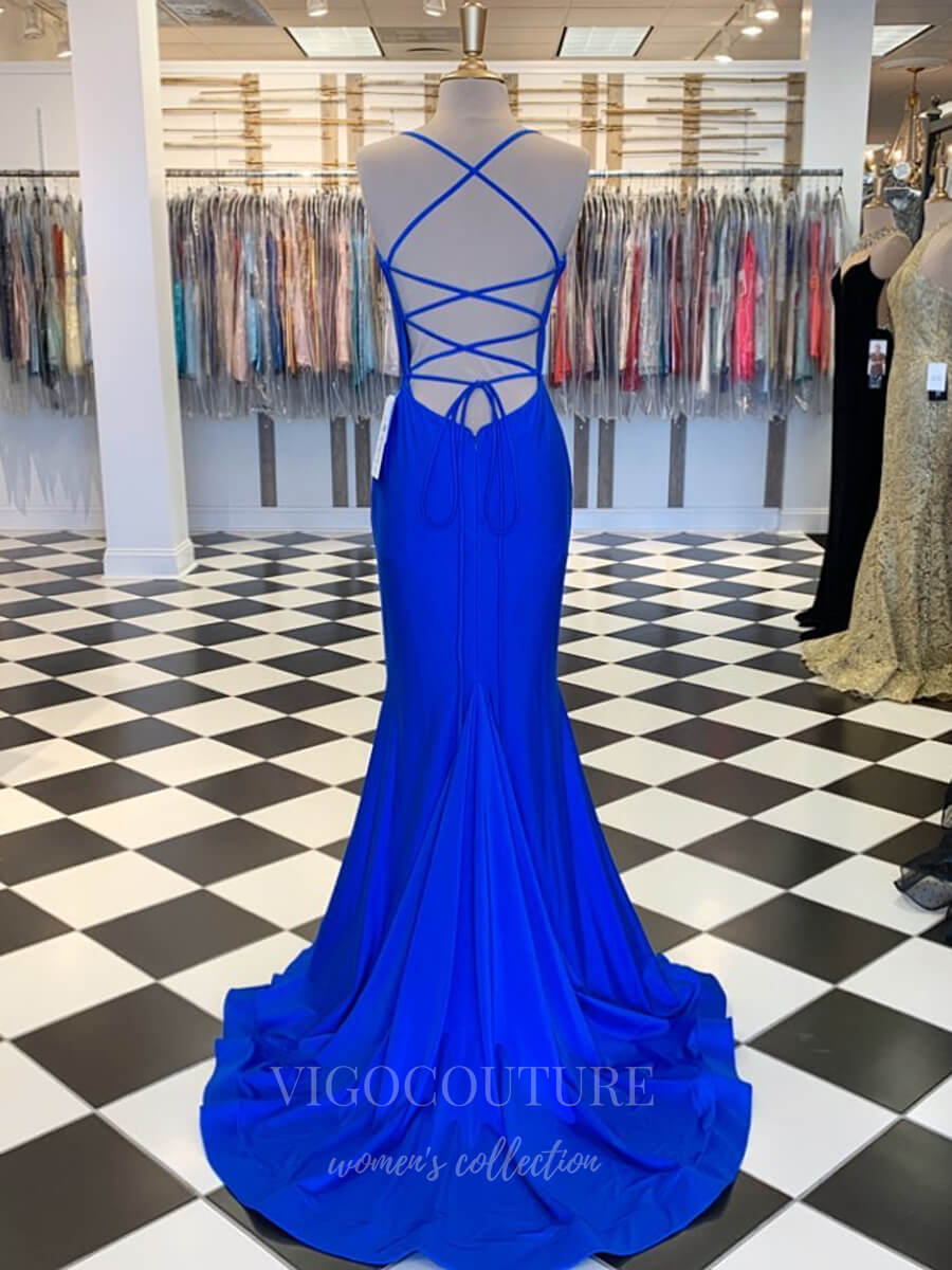 vigocouture-Blue Stretchy Satin Mermaid Prom Dress 20625-Prom Dresses-vigocouture-
