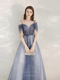 vigocouture-Blue V-Neck Tulle Prom Dress 20692-Prom Dresses-vigocouture-