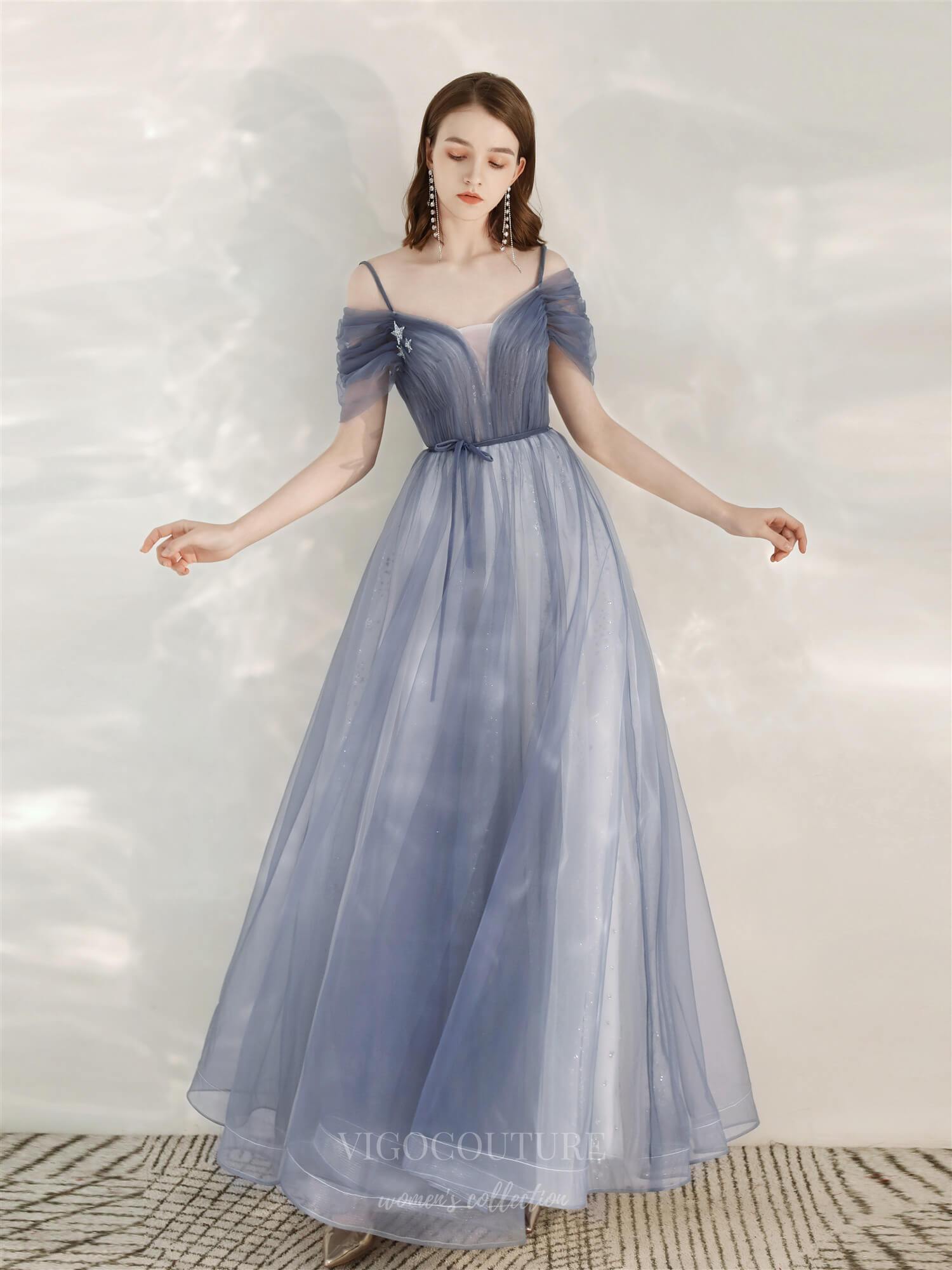 vigocouture-Blue V-Neck Tulle Prom Dress 20692-Prom Dresses-vigocouture-Blue-US2-
