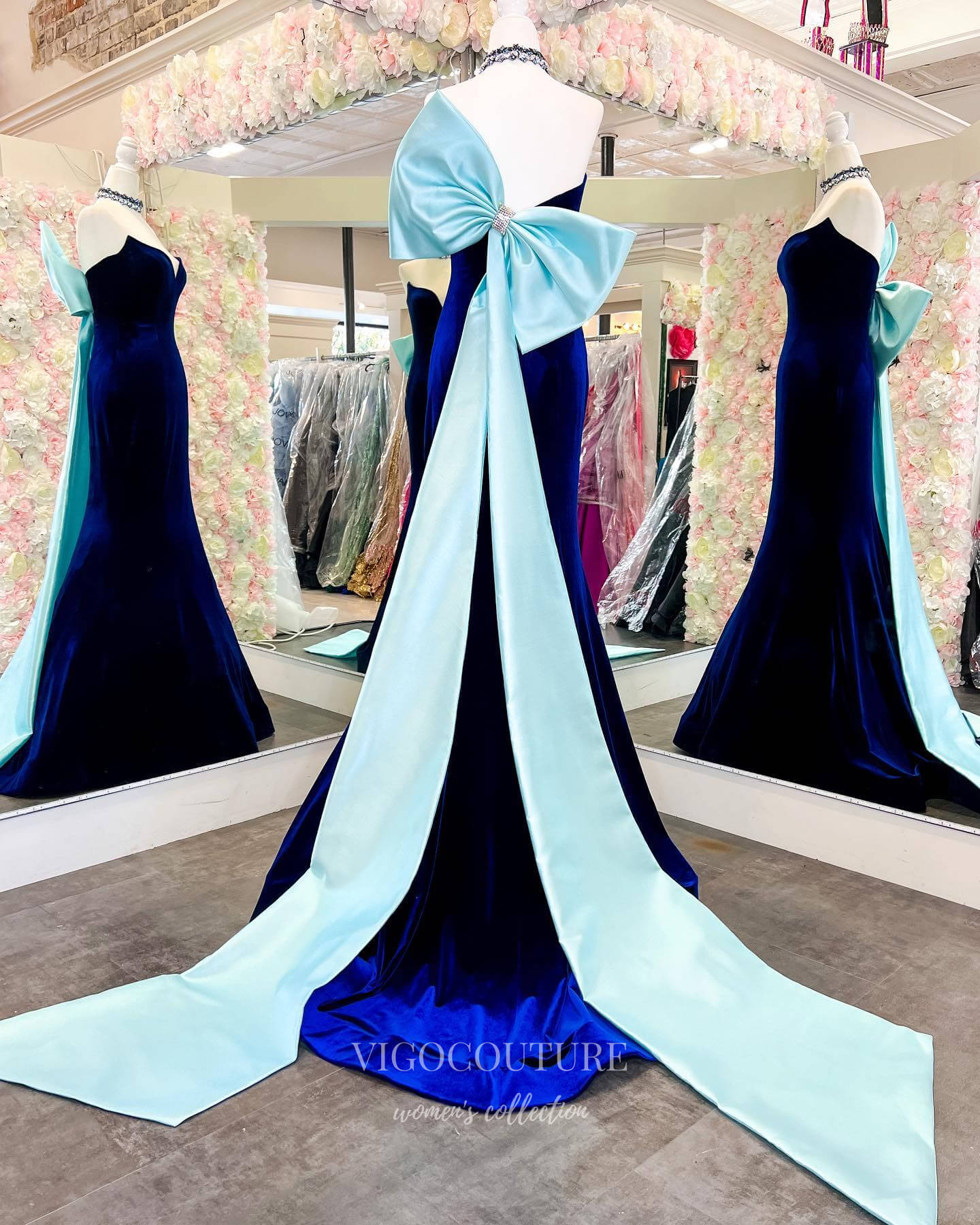 Blue Velvet Mermaid Prom Dresses Sweetheart Neck Bow-Tie Evening Dress 21983-Prom Dresses-vigocouture-Blue-US2-vigocouture