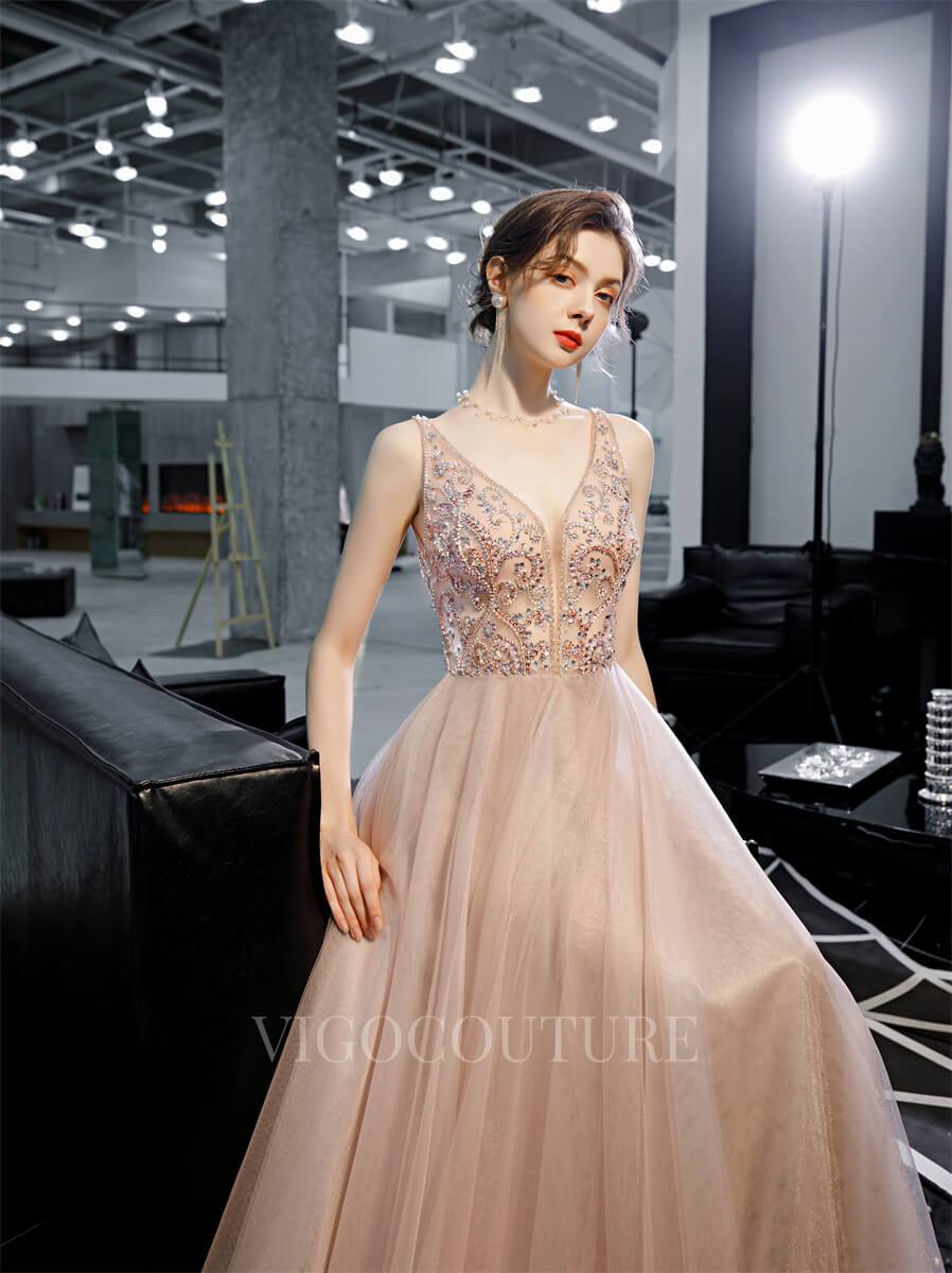 vigocouture-Blush A-line Prom Dresses Plunging V-neck Beaded Prom Gown 20165-Prom Dresses-vigocouture-