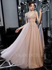 Blush A-line Prom Dresses Plunging V-neck Beaded Prom Gown 20165