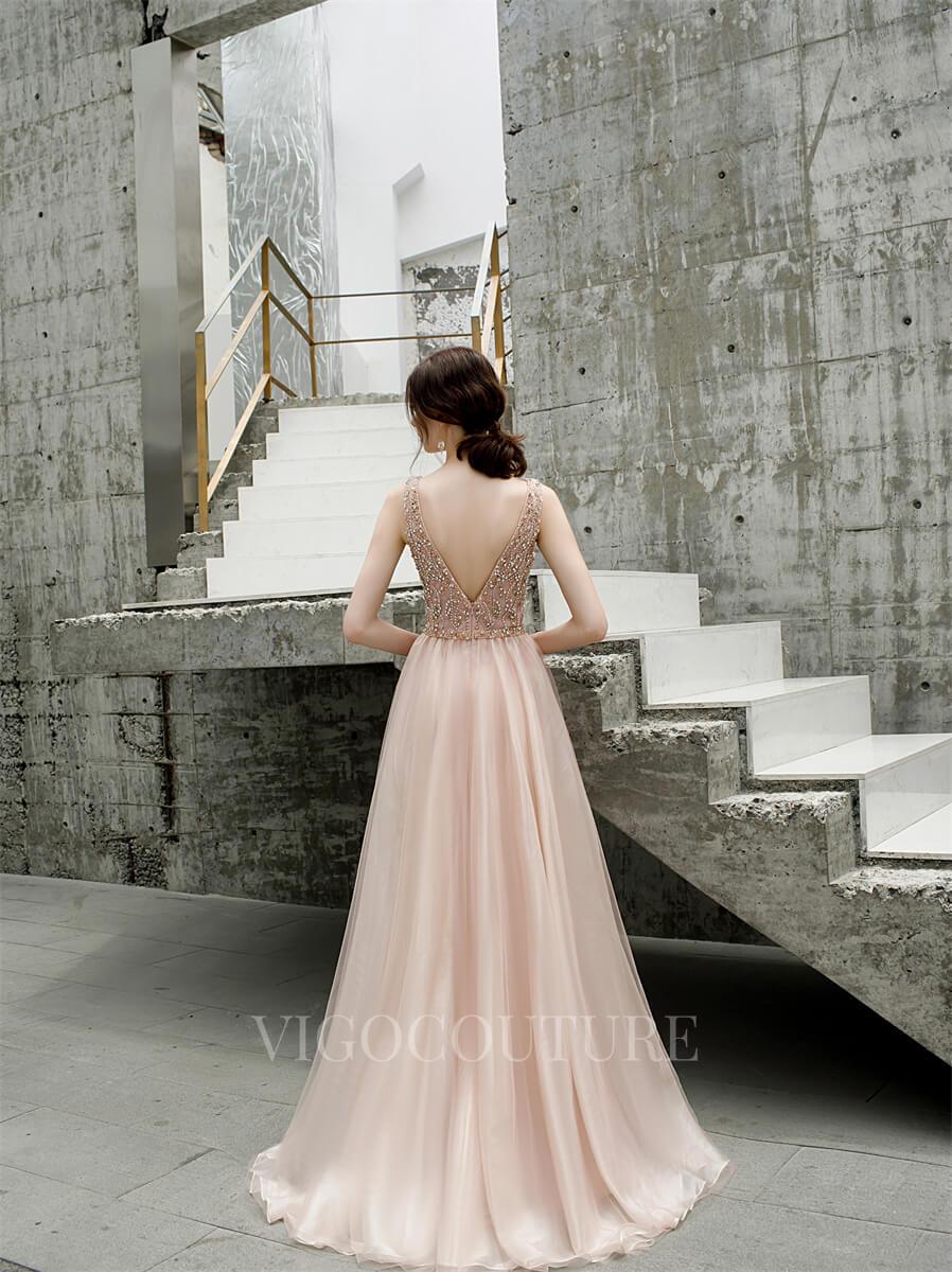 vigocouture-Blush A-line Prom Dresses V-neck Beaded Prom Gown 20179-Prom Dresses-vigocouture-