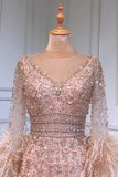 vigocouture-Blush Beaded Formal Dresses Long Sleeve Feather Prom Dress 21634-Prom Dresses-vigocouture-