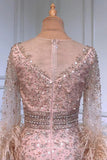 vigocouture-Blush Beaded Formal Dresses Long Sleeve Feather Prom Dress 21634-Prom Dresses-vigocouture-