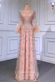 Blush Beaded Formal Dresses Long Sleeve Feather Prom Dress 21634
