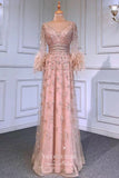 vigocouture-Blush Beaded Formal Dresses Long Sleeve Feather Prom Dress 21634-Prom Dresses-vigocouture-Blush-US2-