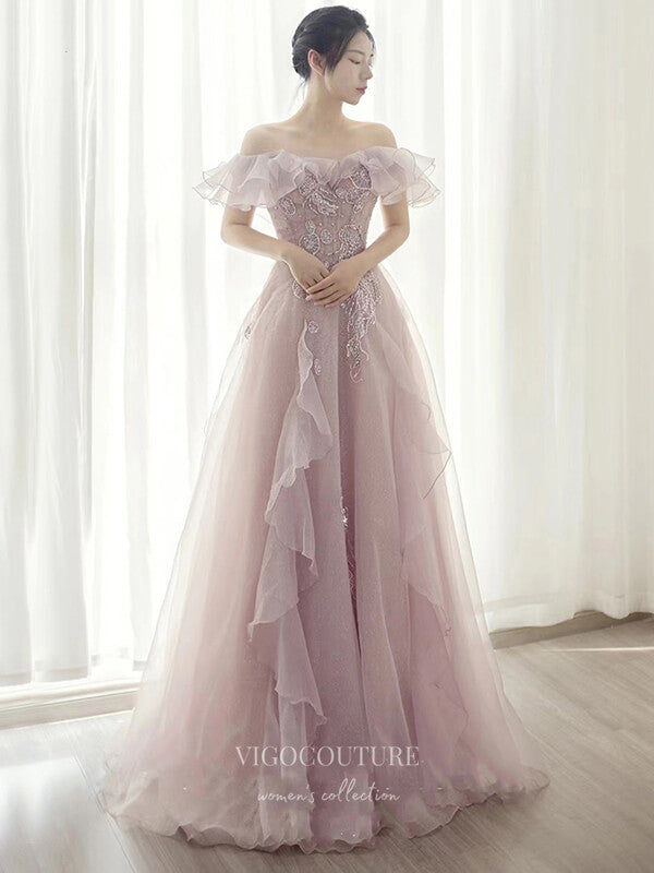 vigocouture-Blush Beaded Prom Dresses Off the Shoulder Evening Dresses 21218-Prom Dresses-vigocouture-