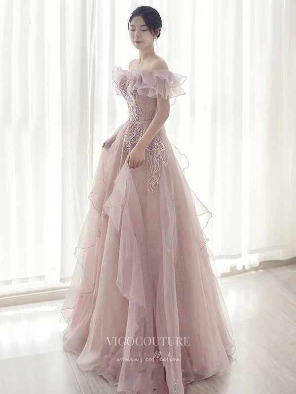 vigocouture-Blush Beaded Prom Dresses Off the Shoulder Evening Dresses 21218-Prom Dresses-vigocouture-