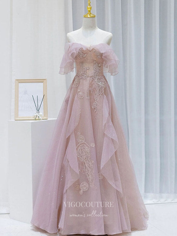 vigocouture-Blush Beaded Prom Dresses Off the Shoulder Evening Dresses 21218-Prom Dresses-vigocouture-Blush-US2-