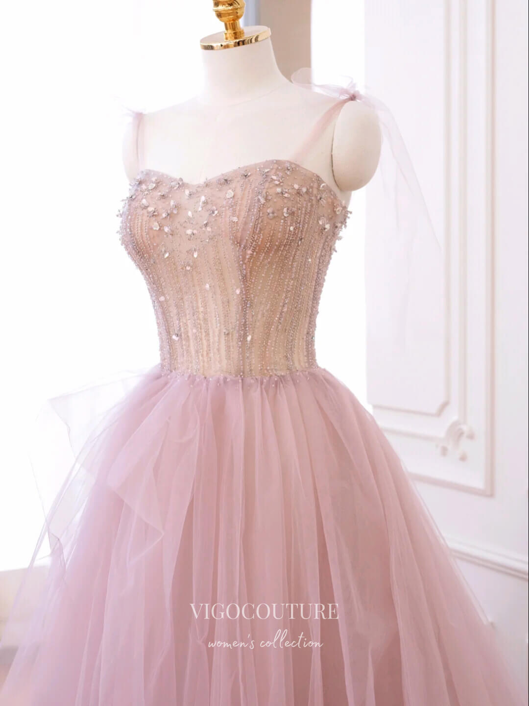 vigocouture-Blush Beaded Prom Dresses Spaghetti Strap Formal Dresses 21170-Prom Dresses-vigocouture-