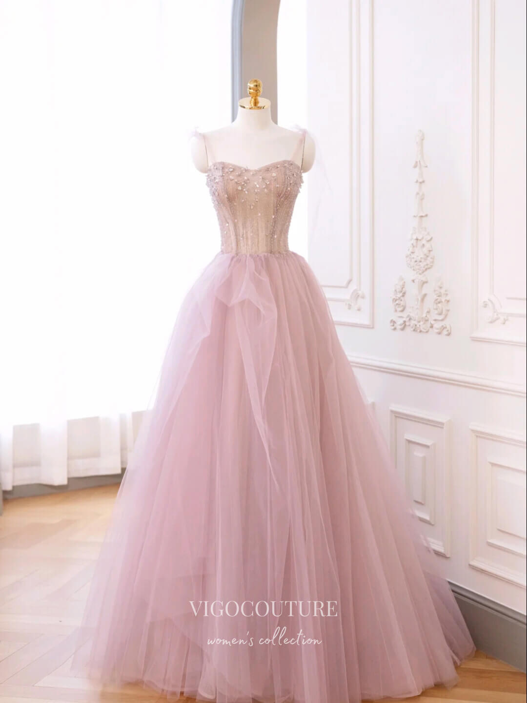 vigocouture-Blush Beaded Prom Dresses Spaghetti Strap Formal Dresses 21170-Prom Dresses-vigocouture-Blush-Custom Size-