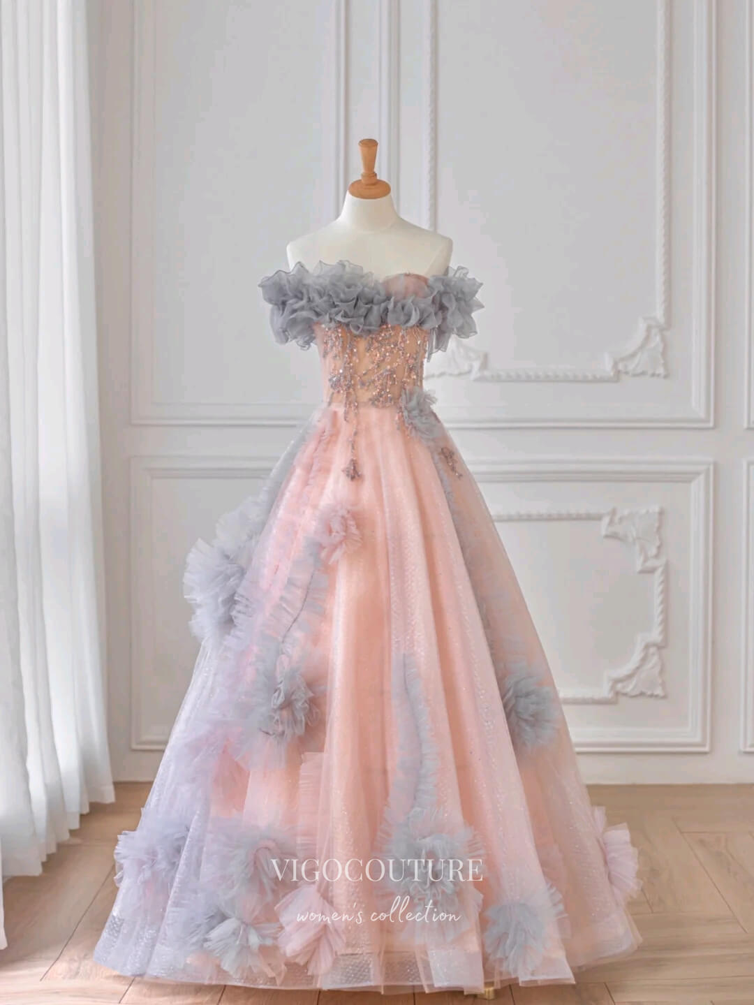 vigocouture-Blush Beaded Prom Dresses Strapless Formal Dresses 21159-Prom Dresses-vigocouture-Blush-Custom Size-