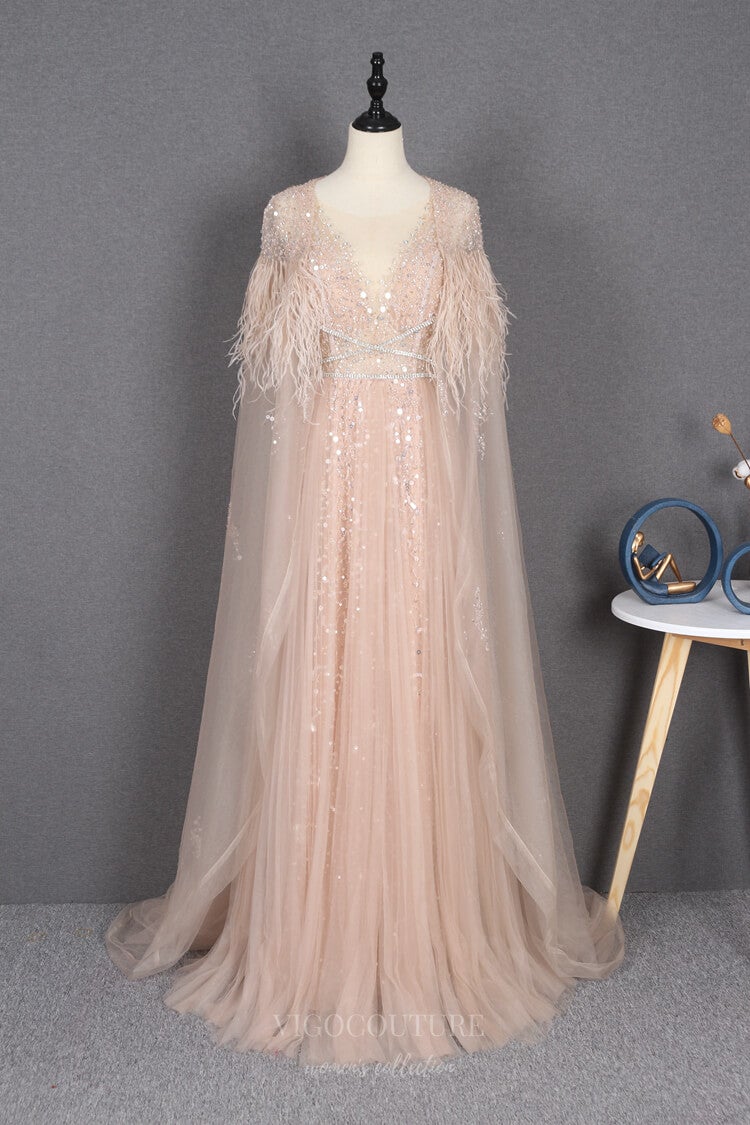 vigocouture-Blush Beaded Removable Cape Prom Dress 20753-Prom Dresses-vigocouture-Blush-US2-