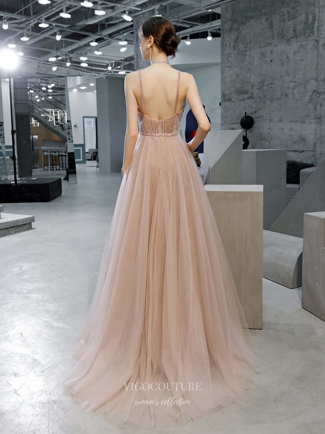 vigocouture-Blush Beaded Spaghetti Strap Prom Dress 20223-Prom Dresses-vigocouture-