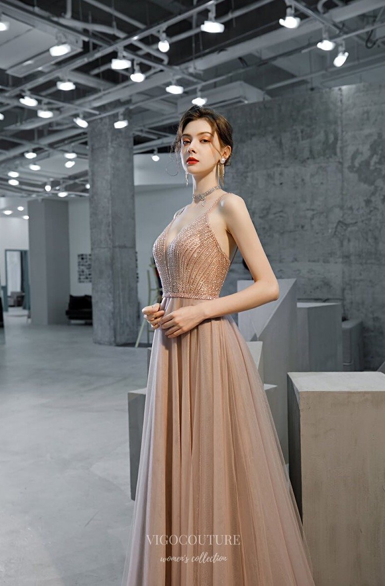 vigocouture-Blush Beaded Spaghetti Strap Prom Dress 20223-Prom Dresses-vigocouture-