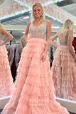 vigocouture-Blush Beaded V-Neck Formal Dresses Tiered Prom Dresses 21603-Prom Dresses-vigocouture-Blush-US2-