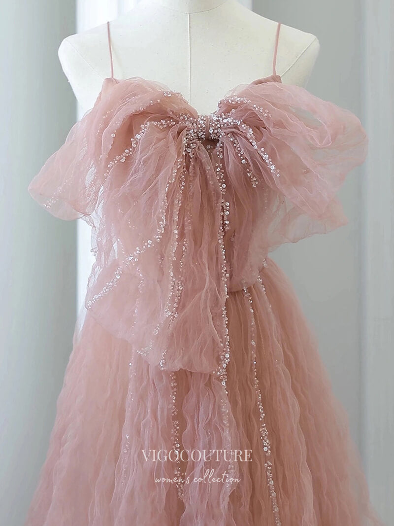 vigocouture-Blush Bow-Tie Prom Dresses Beaded Spaghetti Strap Formal Dresses 21167-Prom Dresses-vigocouture-