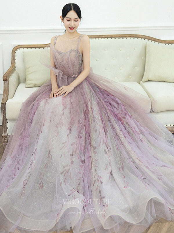 vigocouture-Blush Bow-Tie Prom Dresses Spaghetti Strap Floral Party Dresses 21275-Prom Dresses-vigocouture-