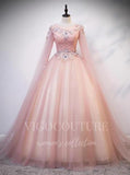 vigocouture-Blush Extra Long Sleeve Quinceañera Dresses Lace Applique Ball Gown 20463-Prom Dresses-vigocouture-