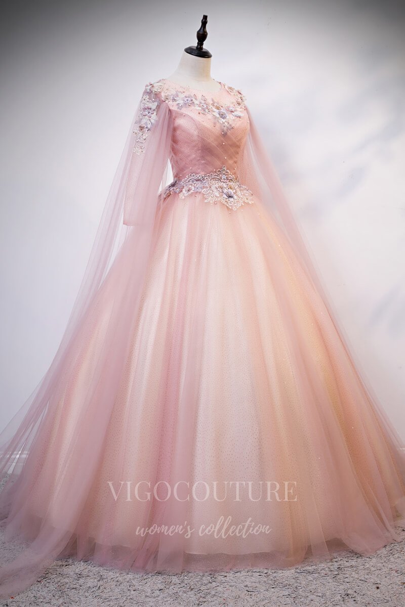 vigocouture-Blush Extra Long Sleeve Quinceañera Dresses Lace Applique Ball Gown 20463-Prom Dresses-vigocouture-Blush-Custom Size-
