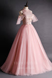 vigocouture-Blush High Neck Sweet 16 Dresses Lace Applique Ball Gown 20480-Prom Dresses-vigocouture-
