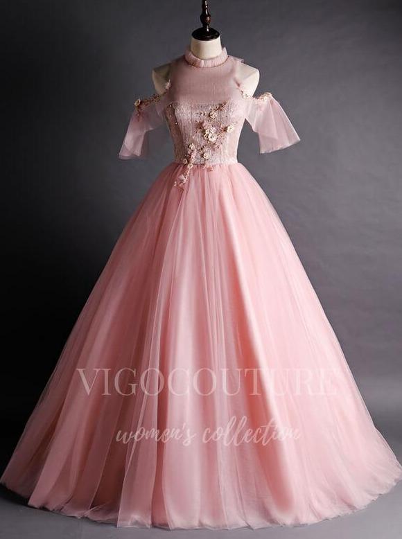 vigocouture-Blush High Neck Sweet 16 Dresses Lace Applique Ball Gown 20480-Prom Dresses-vigocouture-Blush-Custom Size-