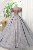 Blush Jacquard Satin and Velvet Prom Dress with Puffed Sleeve 22287-Prom Dresses-vigocouture-Blush-Custom Size-vigocouture