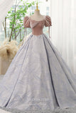 Blush Jacquard Satin and Velvet Prom Dress with Puffed Sleeve 22287-Prom Dresses-vigocouture-Blush-Custom Size-vigocouture