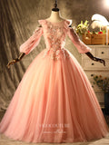 vigocouture-Blush Lace Applique Quinceanera Dresses Long Sleeve Sweet 16 Dresses 21397-Prom Dresses-vigocouture-Blush-Custom Size-