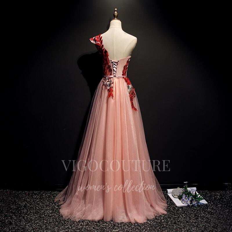 vigocouture-Blush Lace Applique Quinceañera Dresses One Shoulder Prom Dresses 20430-Prom Dresses-vigocouture-
