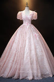 vigocouture-Blush Lace Applique Quinceanera Dresses Puffed Sleeve Ball Gown 20491-Prom Dresses-vigocouture-Blush-Custom Size-