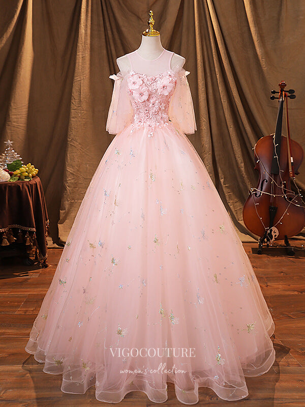 vigocouture-Blush Lace Applique Quinceanera Dresses Sparkly Tulle Sweet 15 Dresses 21370-Prom Dresses-vigocouture-