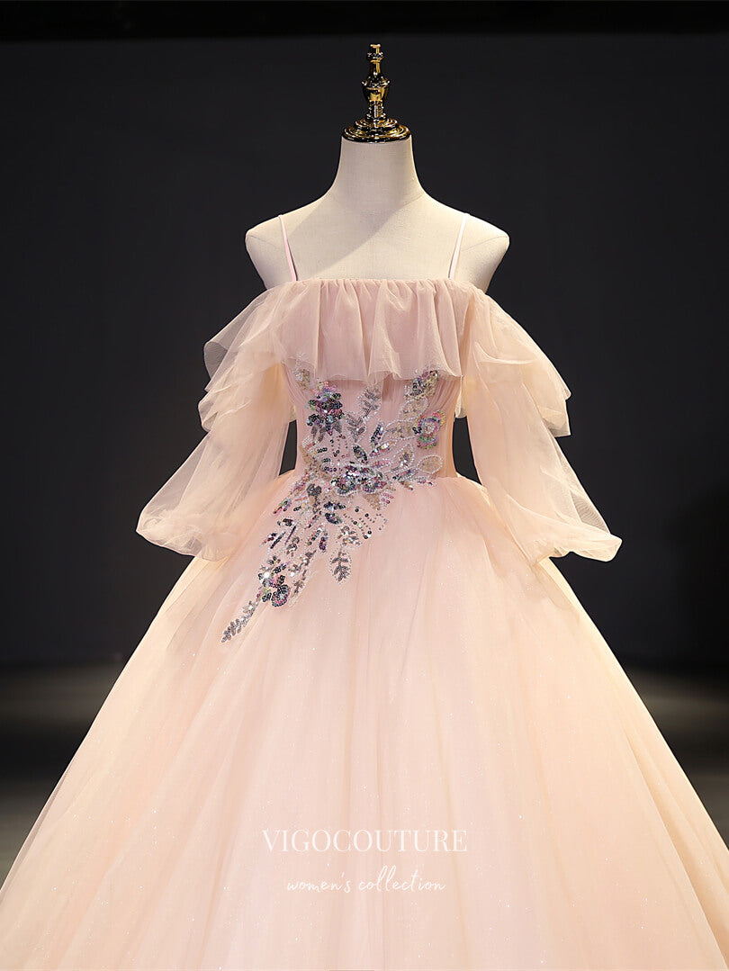 vigocouture-Blush Lace Applique Quinceanera Dresses Sparkly Tulle Sweet 15 Dresses 21423-Prom Dresses-vigocouture-