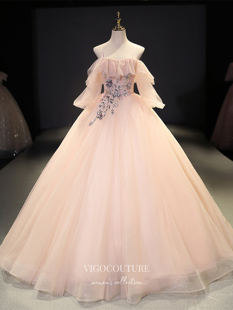 vigocouture-Blush Lace Applique Quinceanera Dresses Sparkly Tulle Sweet 15 Dresses 21423-Prom Dresses-vigocouture-Blush-Custom Size-