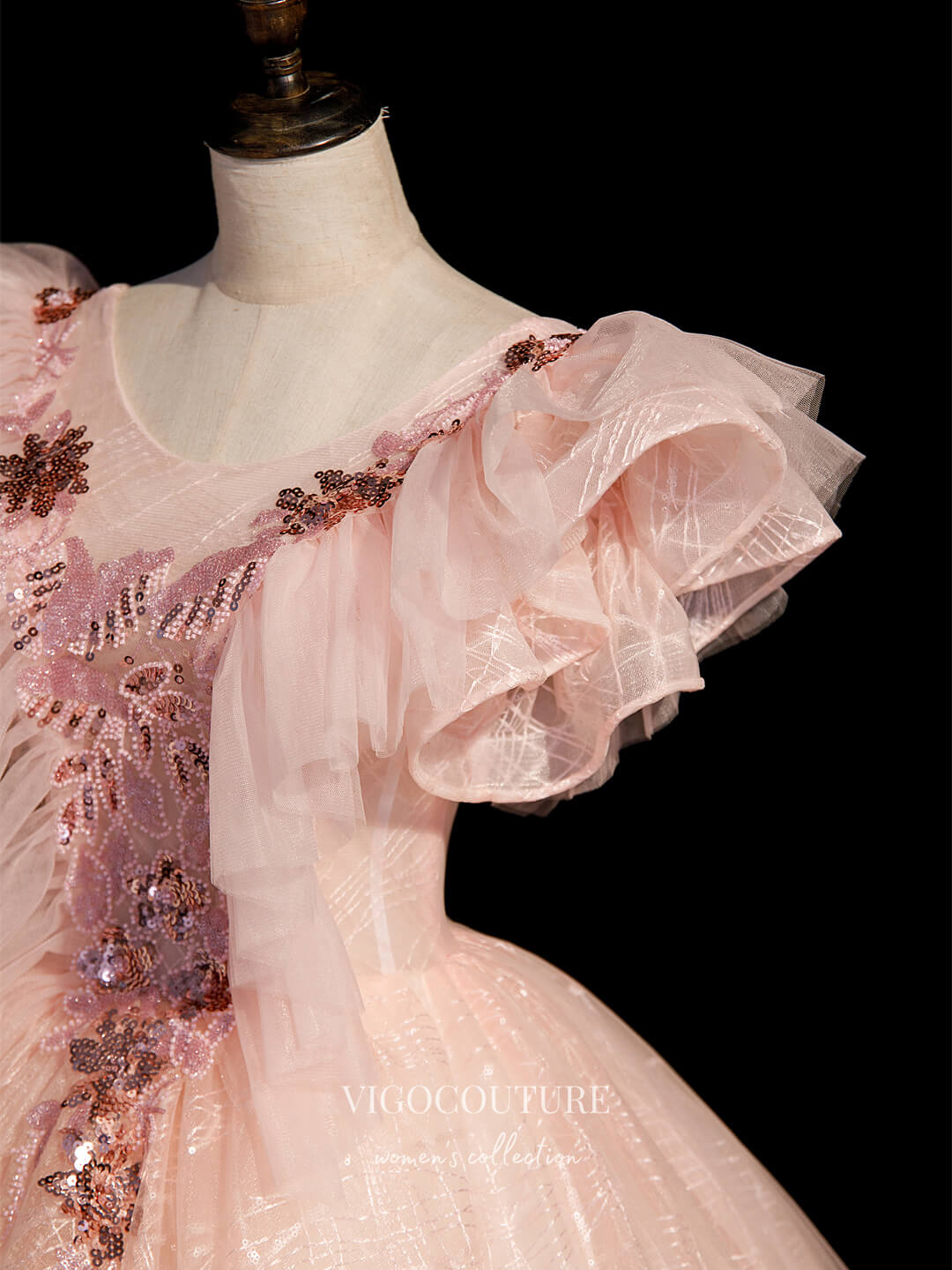 vigocouture-Blush Lace Applique Quinceanera Dresses Sparkly Tulle Sweet 16 Dresses 21408-Prom Dresses-vigocouture-