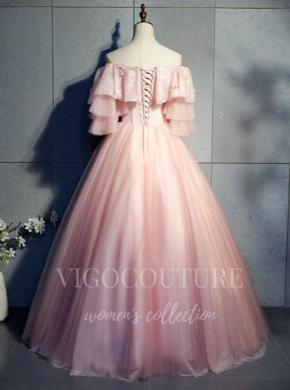 vigocouture-Blush Lace Applique Sweet 16 Dresses Off the Shoulder Ball Gown 20465-Prom Dresses-vigocouture-