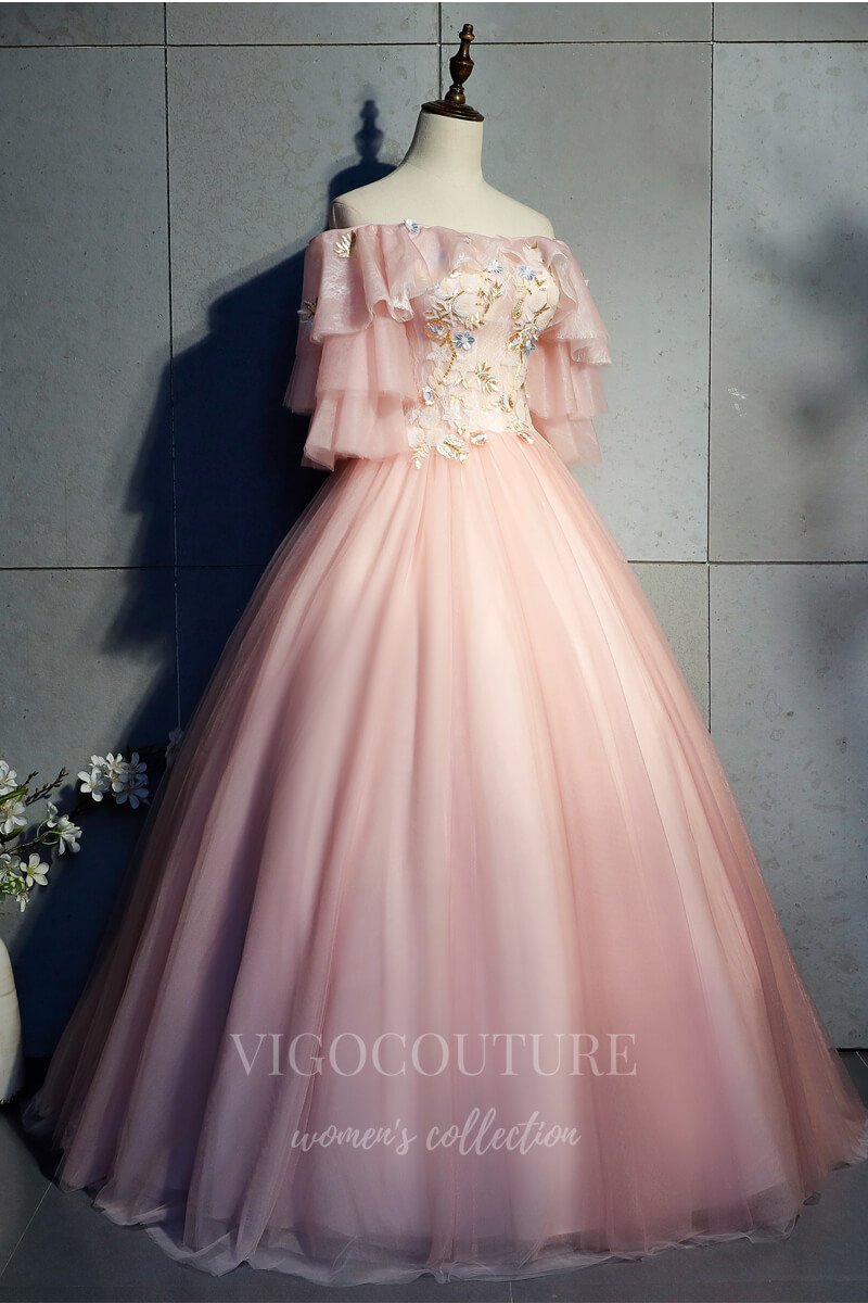 vigocouture-Blush Lace Applique Sweet 16 Dresses Off the Shoulder Ball Gown 20465-Prom Dresses-vigocouture-Blush-Custom Size-