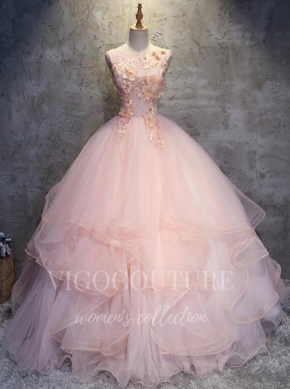 vigocouture-Blush Lace Applique Sweet 16 Dresses Tiered Ball Gown 20425-Prom Dresses-vigocouture-
