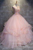 vigocouture-Blush Lace Applique Sweet 16 Dresses Tiered Ball Gown 20425-Prom Dresses-vigocouture-Pink-Custom Size-