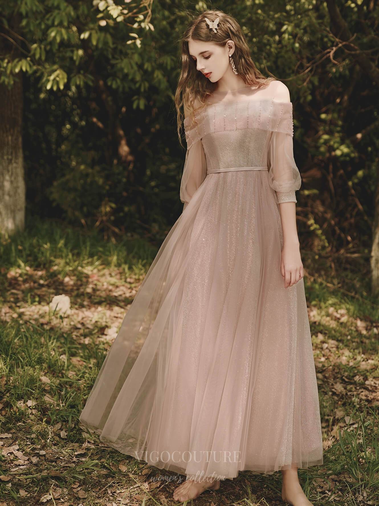 vigocouture-Blush Off the Shoulder 3/4 Sleeve Prom Dress 20703-Prom Dresses-vigocouture-