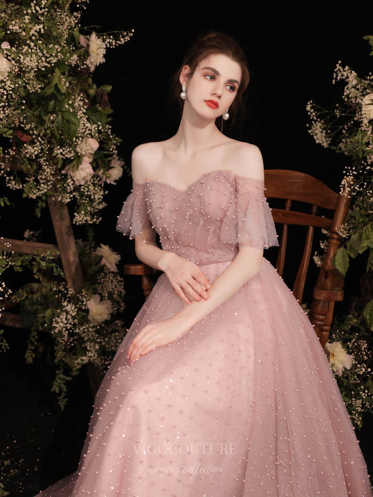 vigocouture-Blush Off the Shoulder Beaded Prom Dress 20727-Prom Dresses-vigocouture-